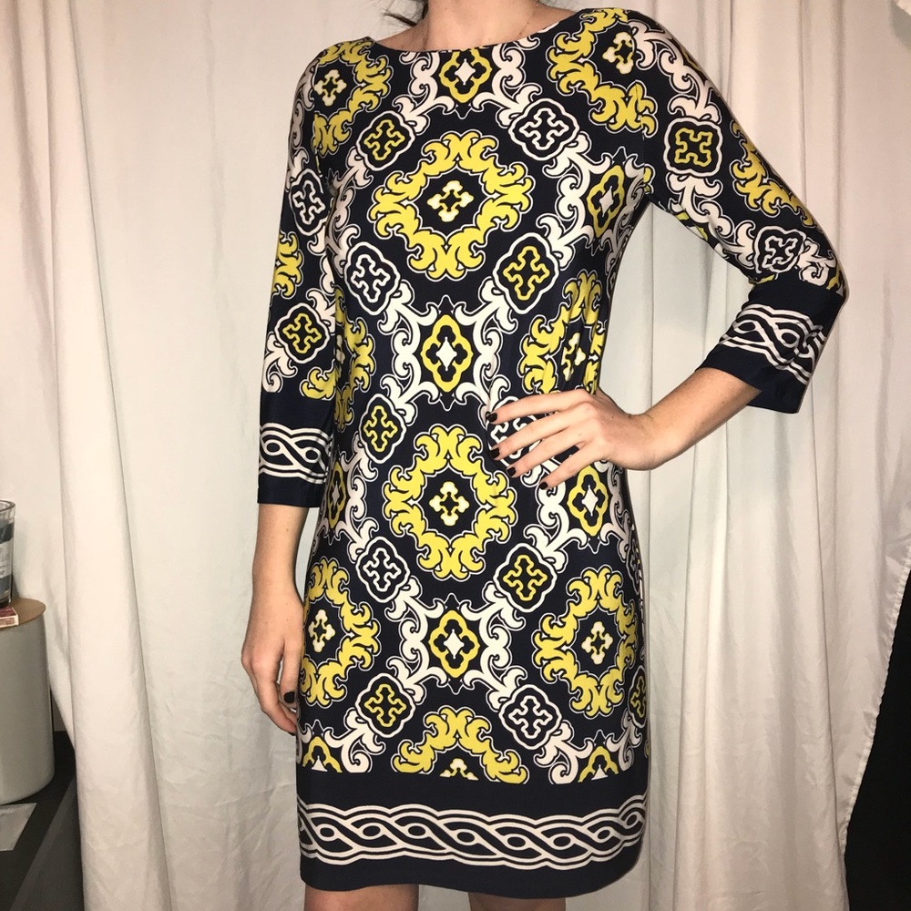 Mosaic navy & yellow quarter sleeve dress